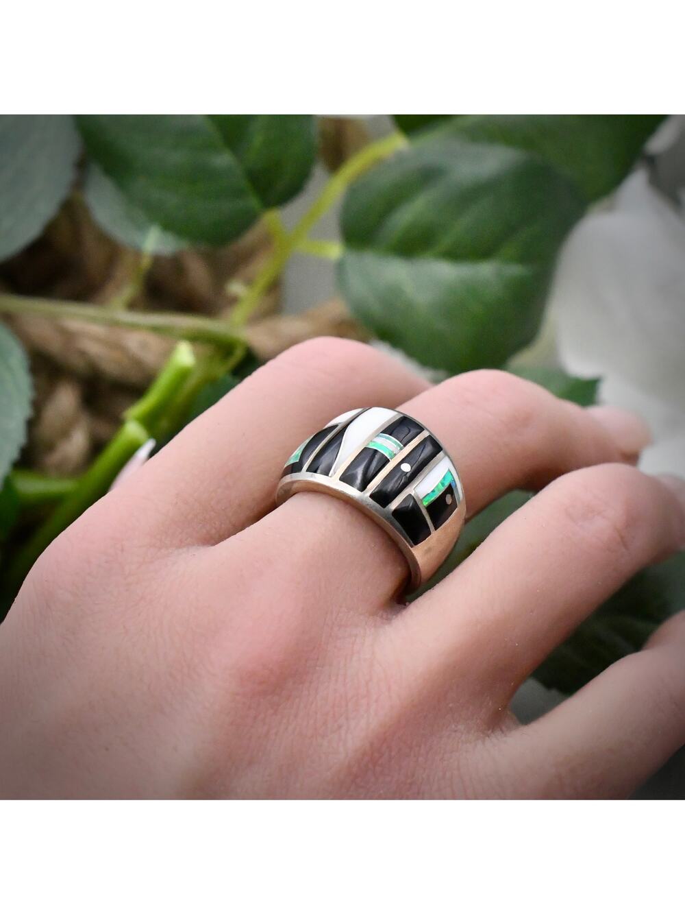 GL Miller Studio Sterling 925 Inlay Ring Black Onyx Mother Of Pearl Opal Size 7